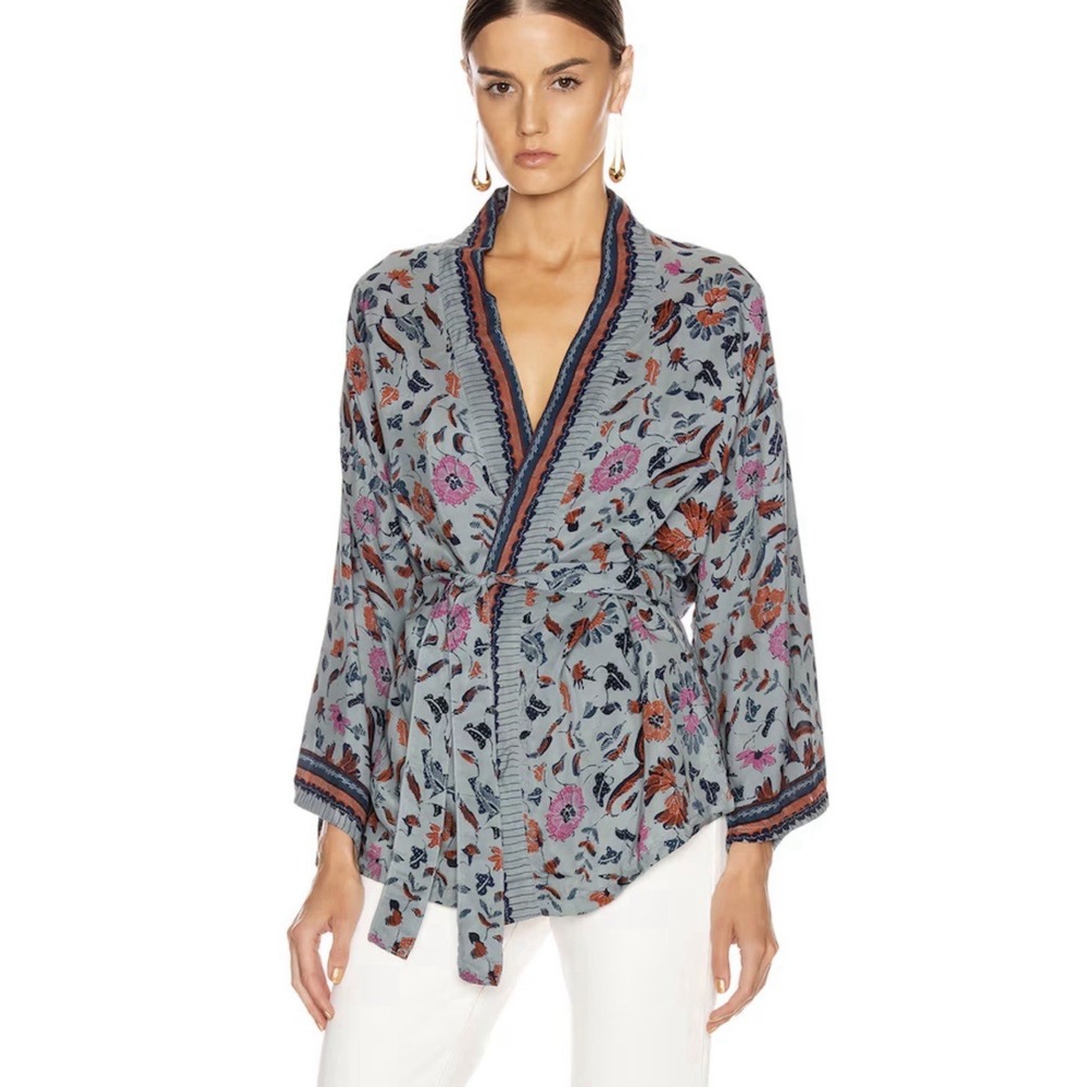 Natalie Martin Saylor Kimono Top Blue Floral Silk Size S Resort Luxury Botanical